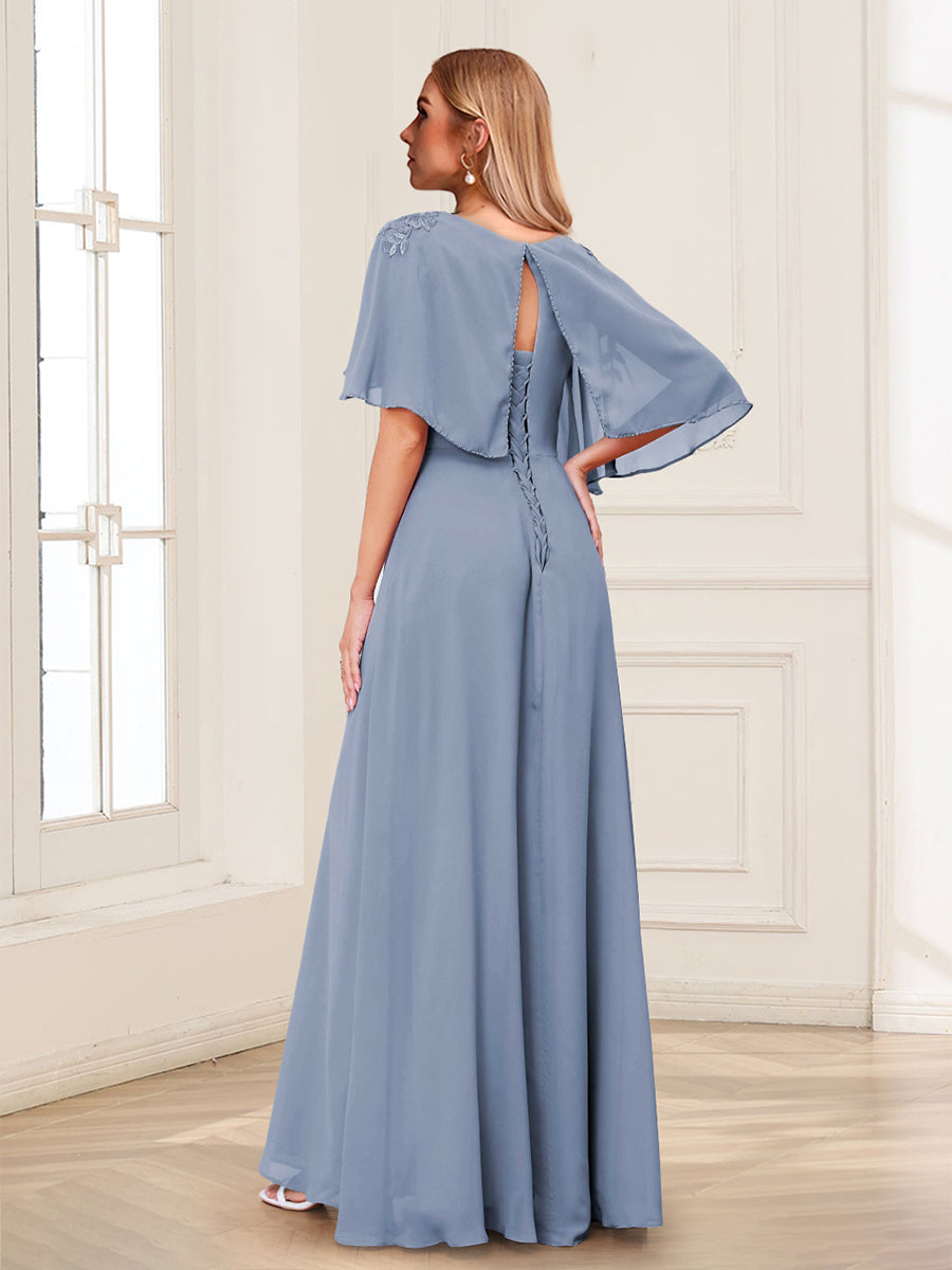 A-Line/Princess Cowl Neck Half Sleeves Long Mother of the Bride Dresses with Appliques