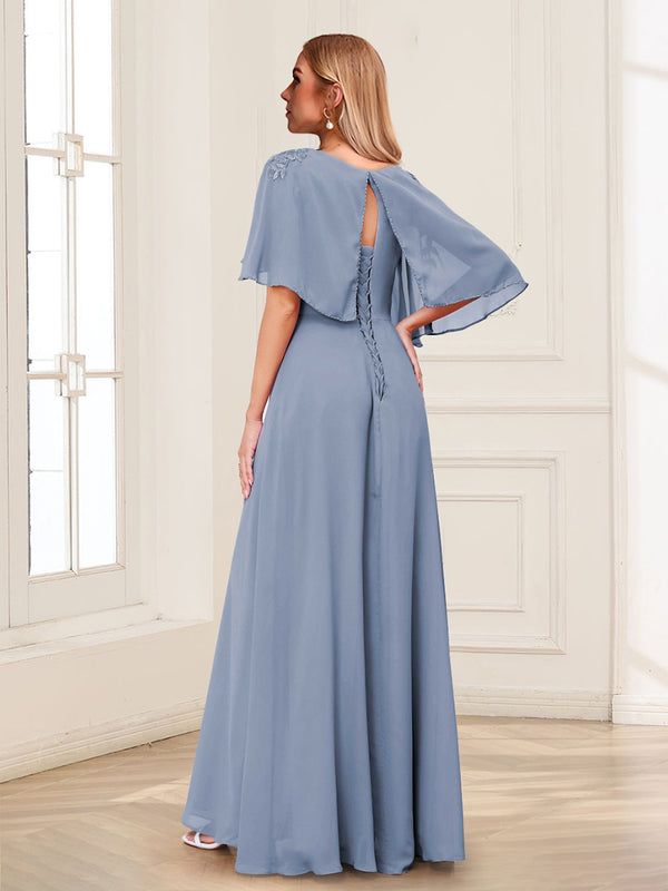 A-Line/Princess Cowl Neck Half Sleeves Long Mother of the Bride Dresses with Appliques