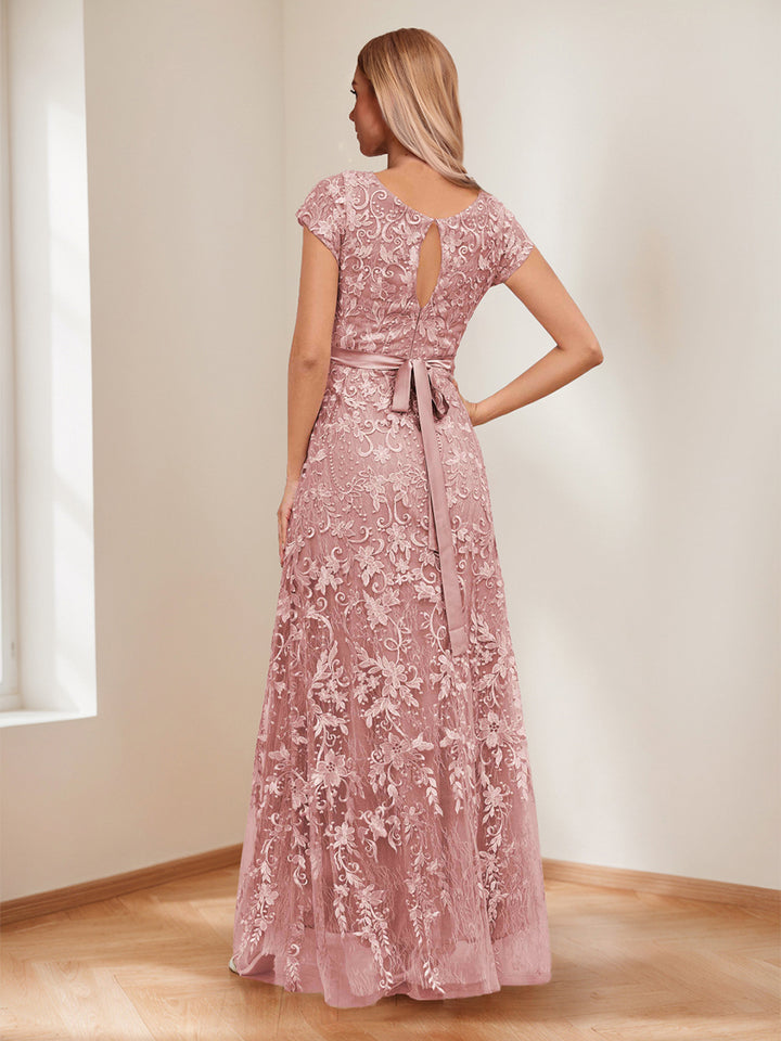 A-Line/Princess Scoop Short Sleeves Mother of the Bride Dresses with Appliques &amp; Beading