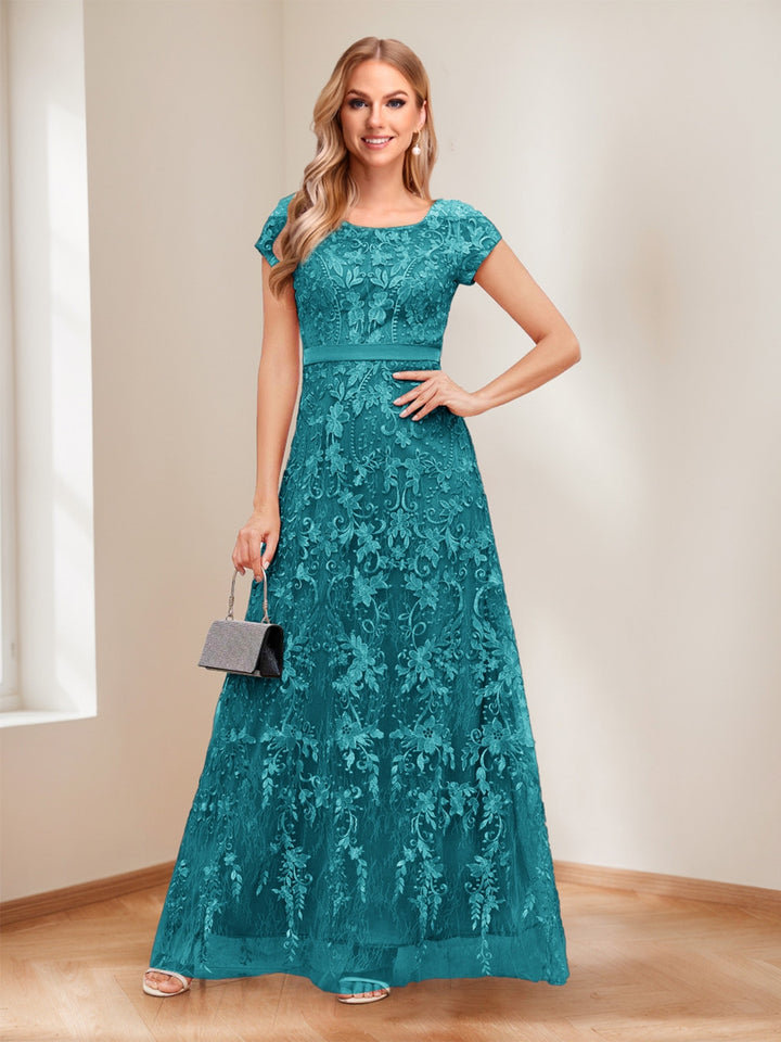 A-Line/Princess Scoop Short Sleeves Mother of the Bride Dresses with Appliques &amp; Beading
