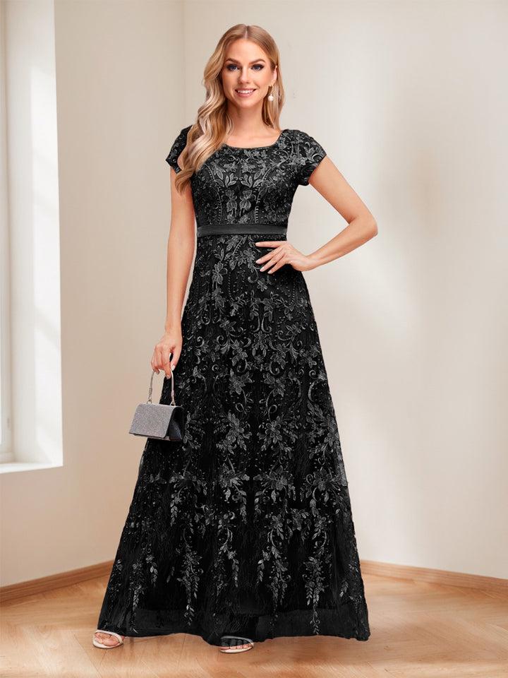 A-Line/Princess Scoop Short Sleeves Mother of the Bride Dresses with Appliques &amp; Beading