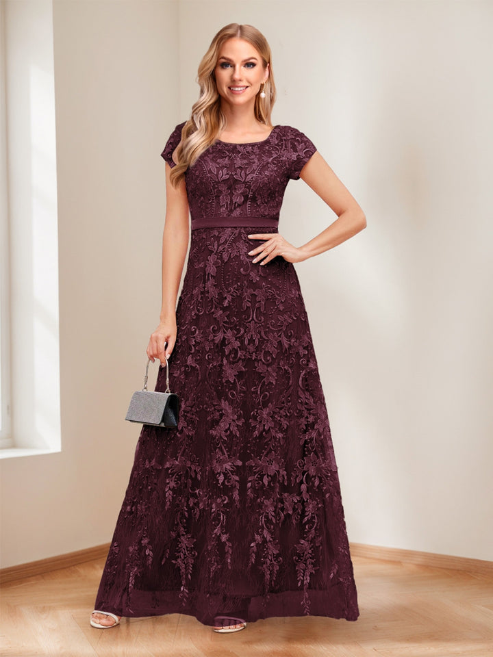 A-Line/Princess Scoop Short Sleeves Mother of the Bride Dresses with Appliques &amp; Beading