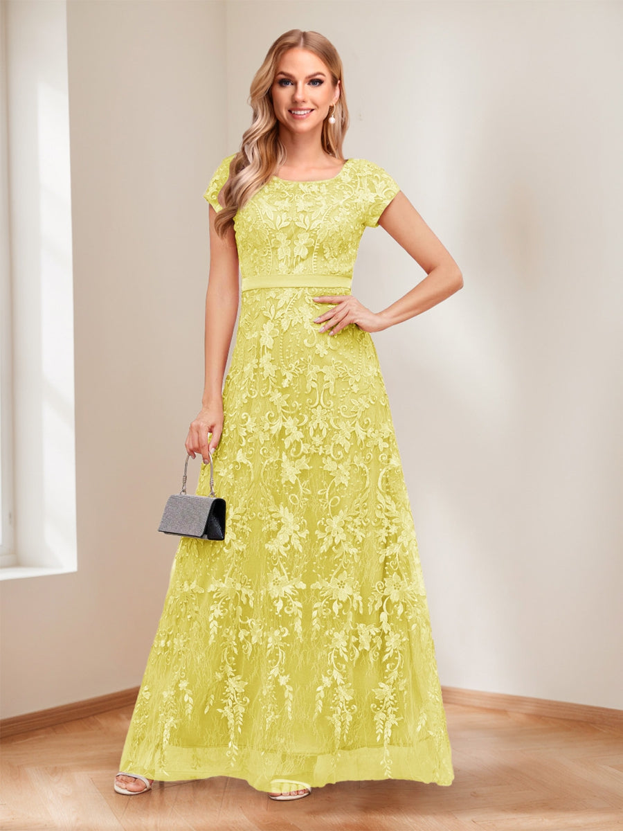 A-Line/Princess Scoop Short Sleeves Mother of the Bride Dresses with Appliques &amp; Beading