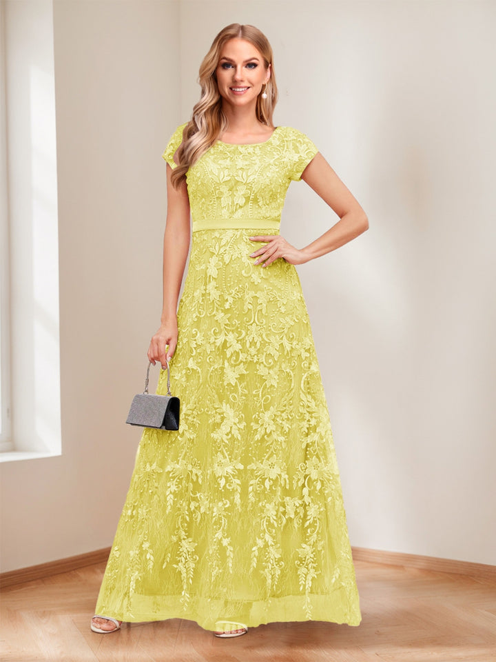 A-Line/Princess Scoop Short Sleeves Mother of the Bride Dresses with Appliques &amp; Beading