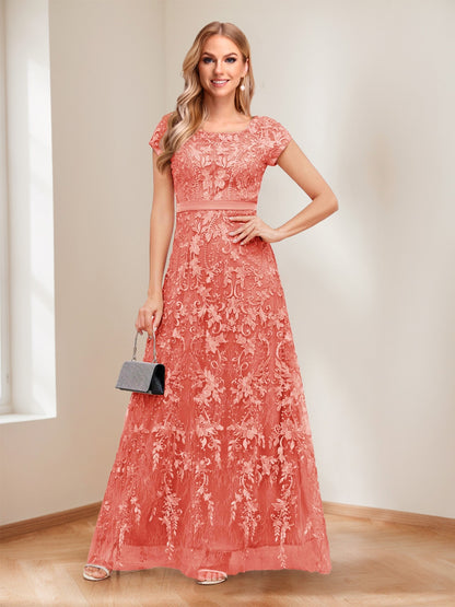 A-Line/Princess Scoop Short Sleeves Mother of the Bride Dresses with Appliques & Beading