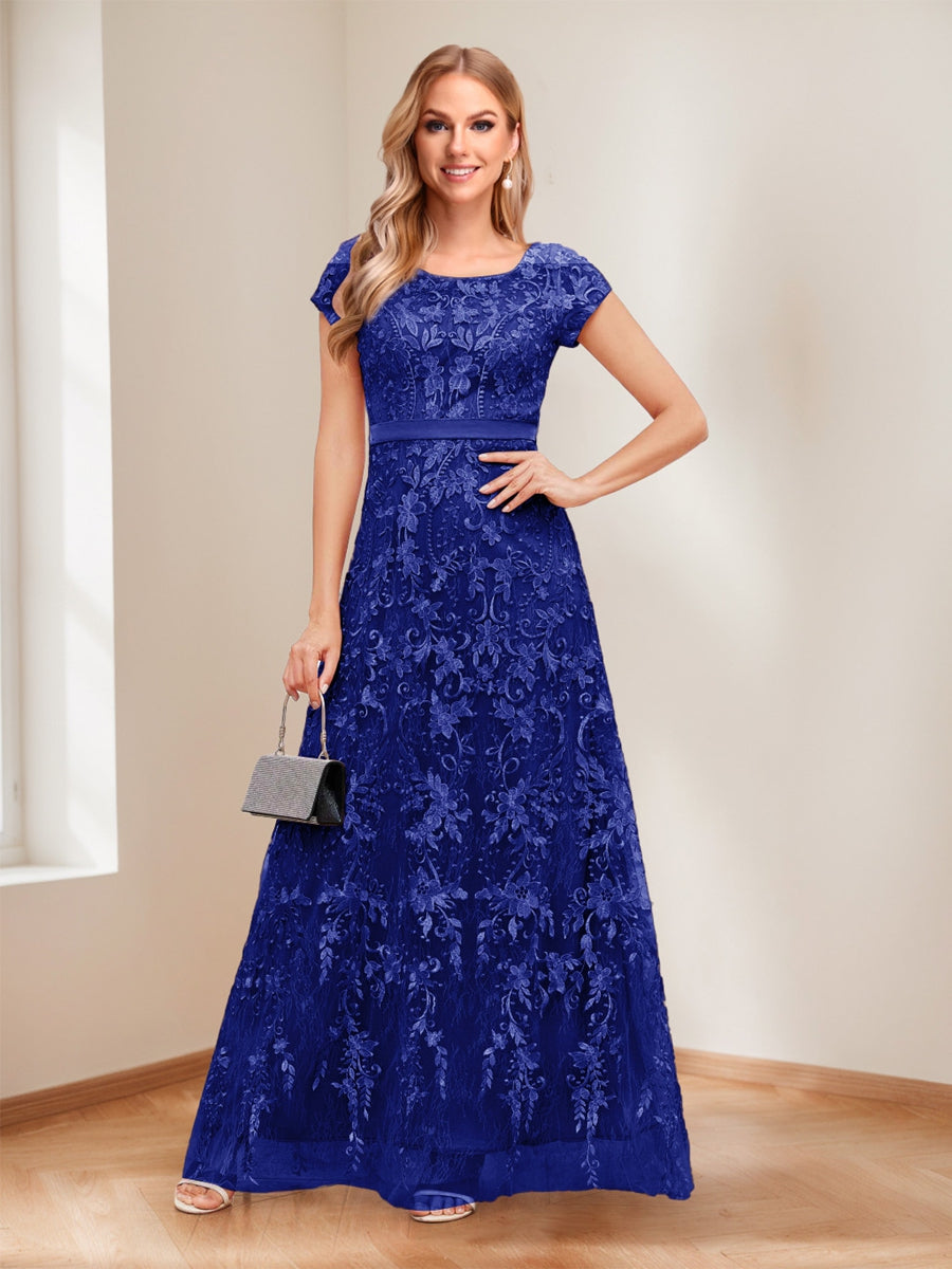 A-Line/Princess Scoop Short Sleeves Mother of the Bride Dresses with Appliques &amp; Beading