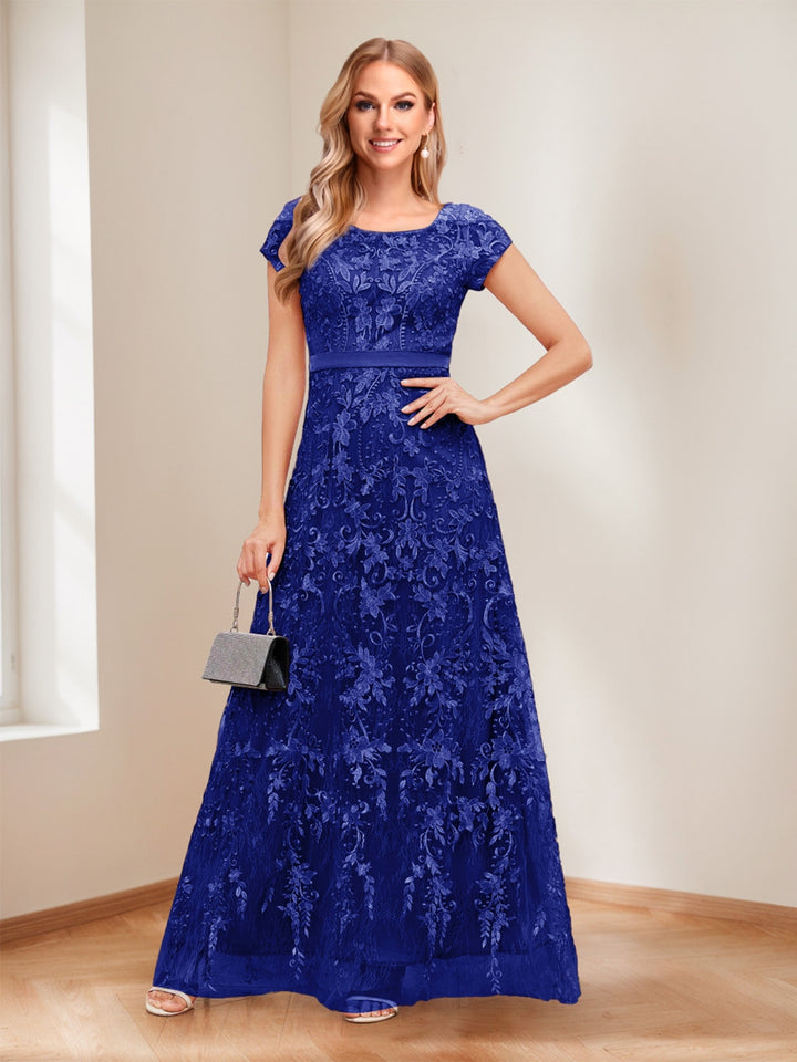 A-Line/Princess Scoop Short Sleeves Mother of the Bride Dresses with Appliques &amp; Beading