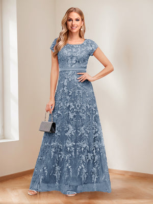 A-Line/Princess Scoop Short Sleeves Mother of the Bride Dresses with Appliques & Beading