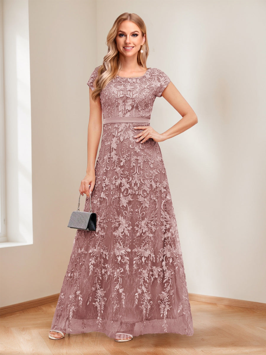 A-Line/Princess Scoop Short Sleeves Mother of the Bride Dresses with Appliques &amp; Beading