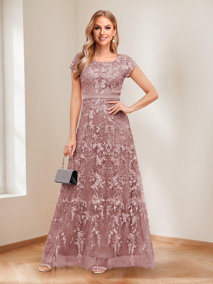 A-Line/Princess Scoop Short Sleeves Mother of the Bride Dresses with Appliques &amp; Beading
