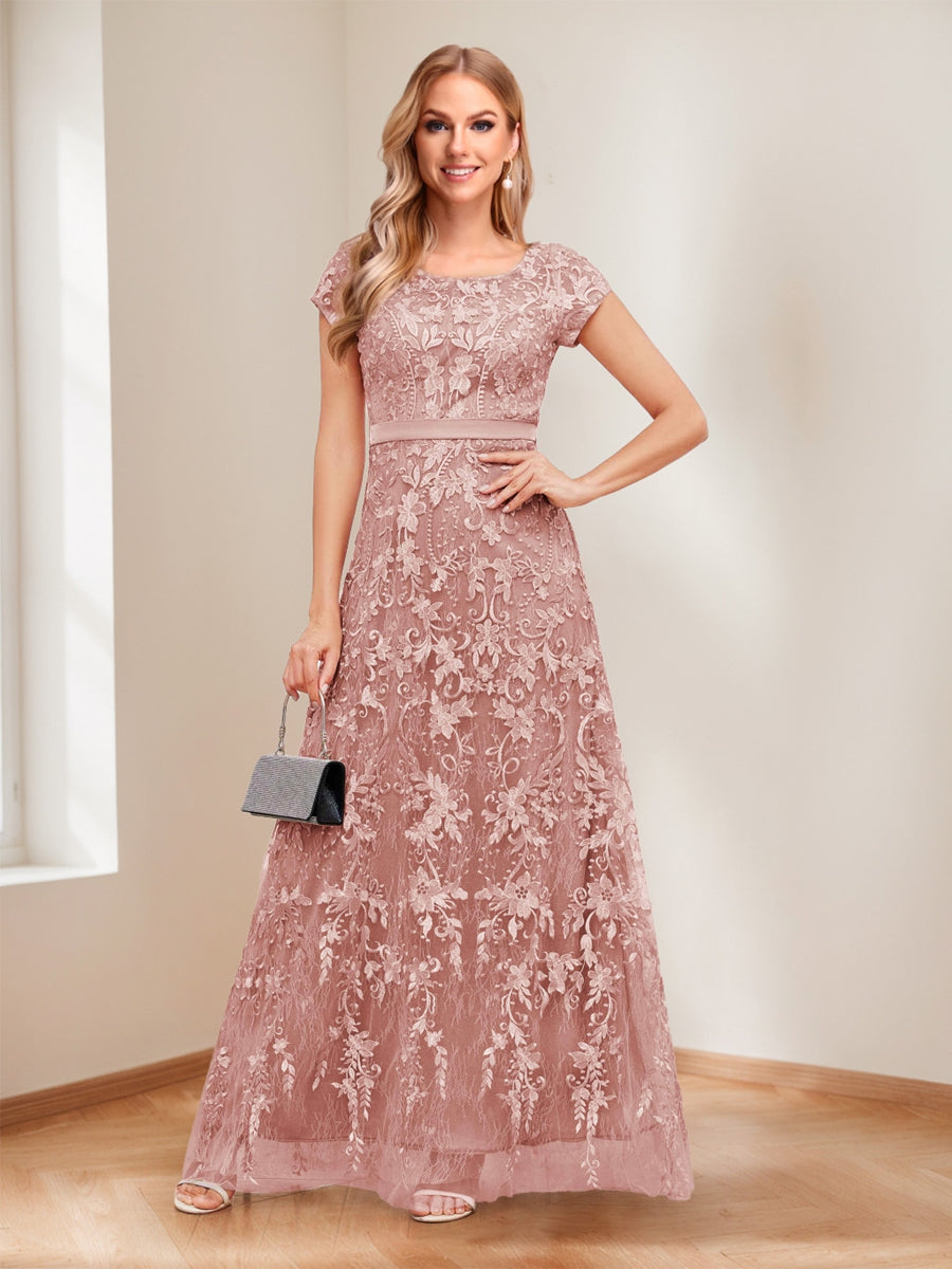 A-Line/Princess Scoop Short Sleeves Mother of the Bride Dresses with Appliques &amp; Beading