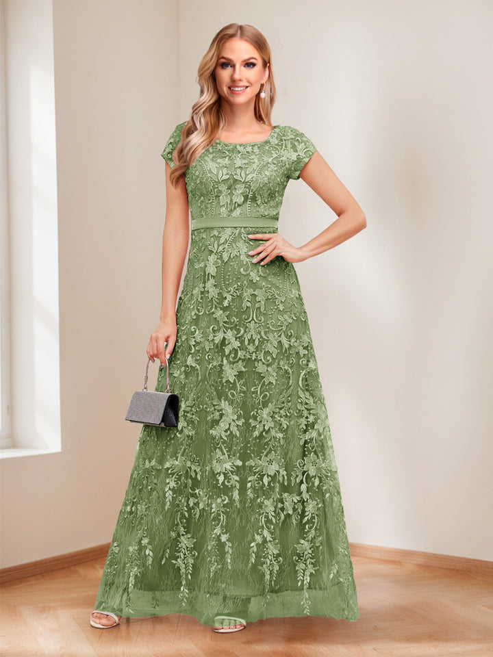 A-Line/Princess Scoop Short Sleeves Mother of the Bride Dresses with Appliques &amp; Beading