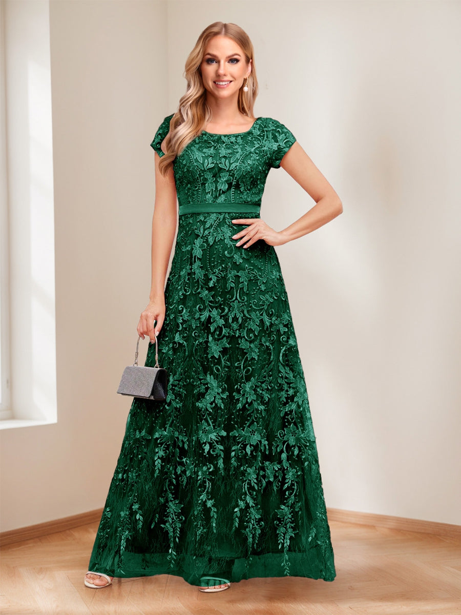 A-Line/Princess Scoop Short Sleeves Mother of the Bride Dresses with Appliques &amp; Beading