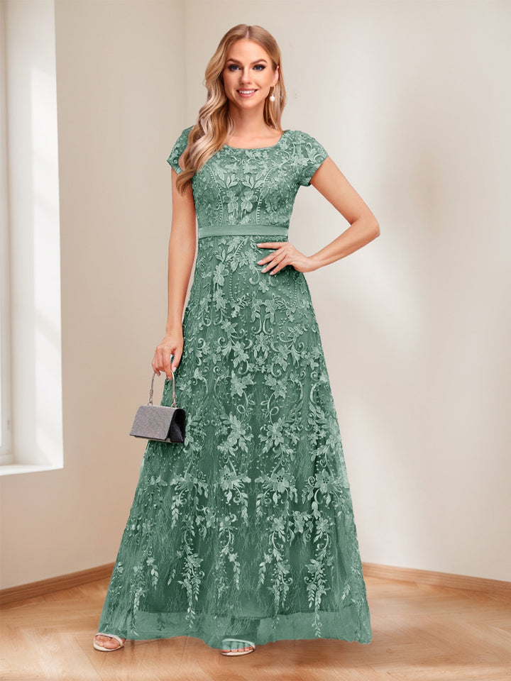 A-Line/Princess Scoop Short Sleeves Mother of the Bride Dresses with Appliques &amp; Beading