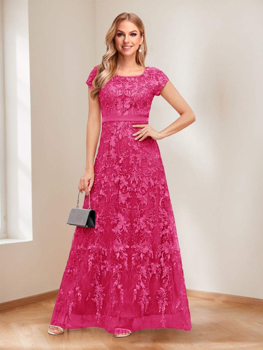 A-Line/Princess Scoop Short Sleeves Mother of the Bride Dresses with Appliques &amp; Beading