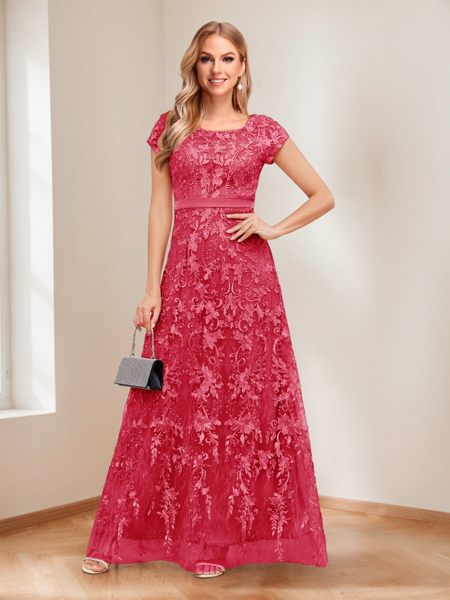 A-Line/Princess Scoop Short Sleeves Mother of the Bride Dresses with Appliques &amp; Beading