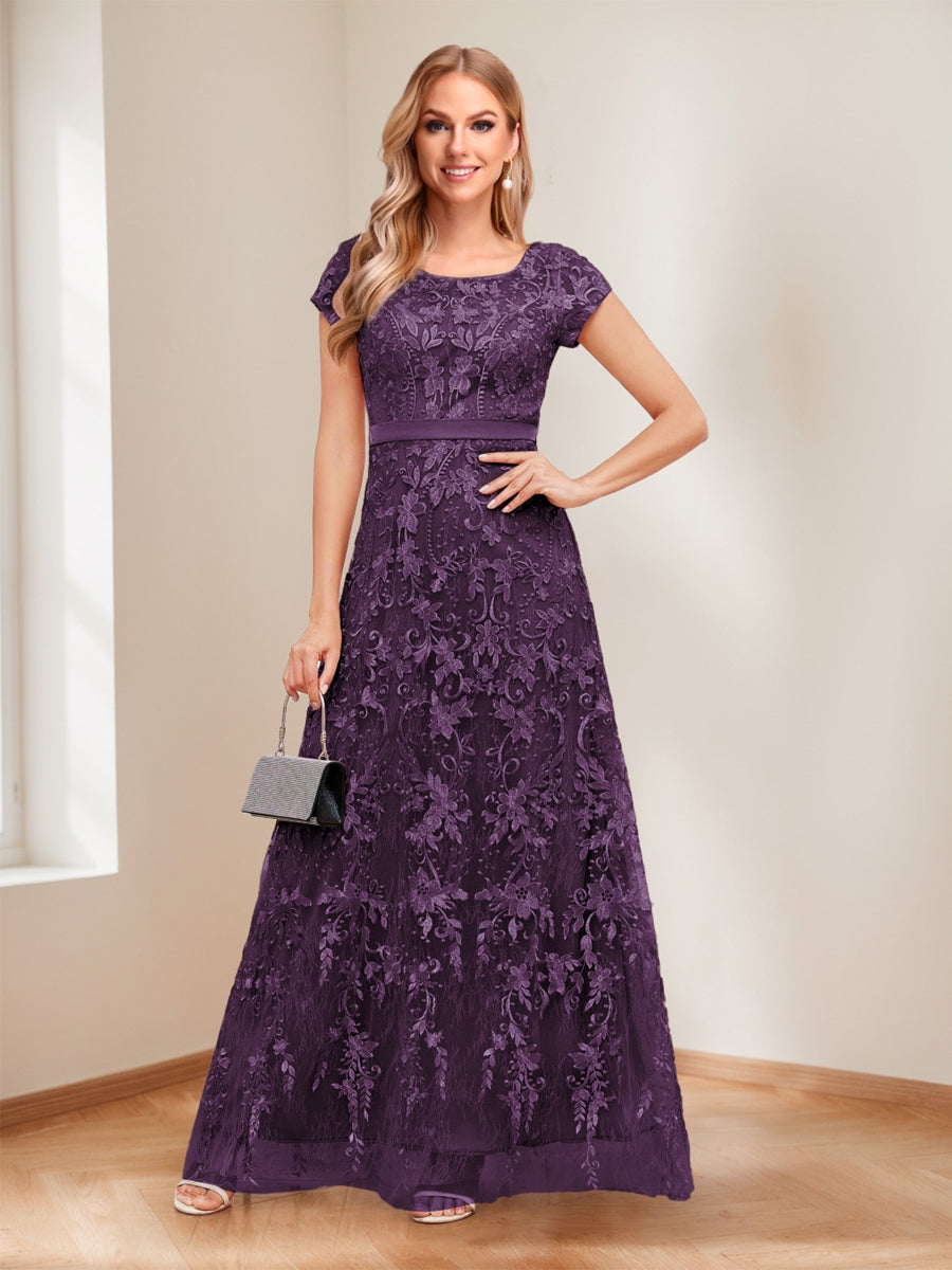 A-Line/Princess Scoop Short Sleeves Mother of the Bride Dresses with Appliques &amp; Beading