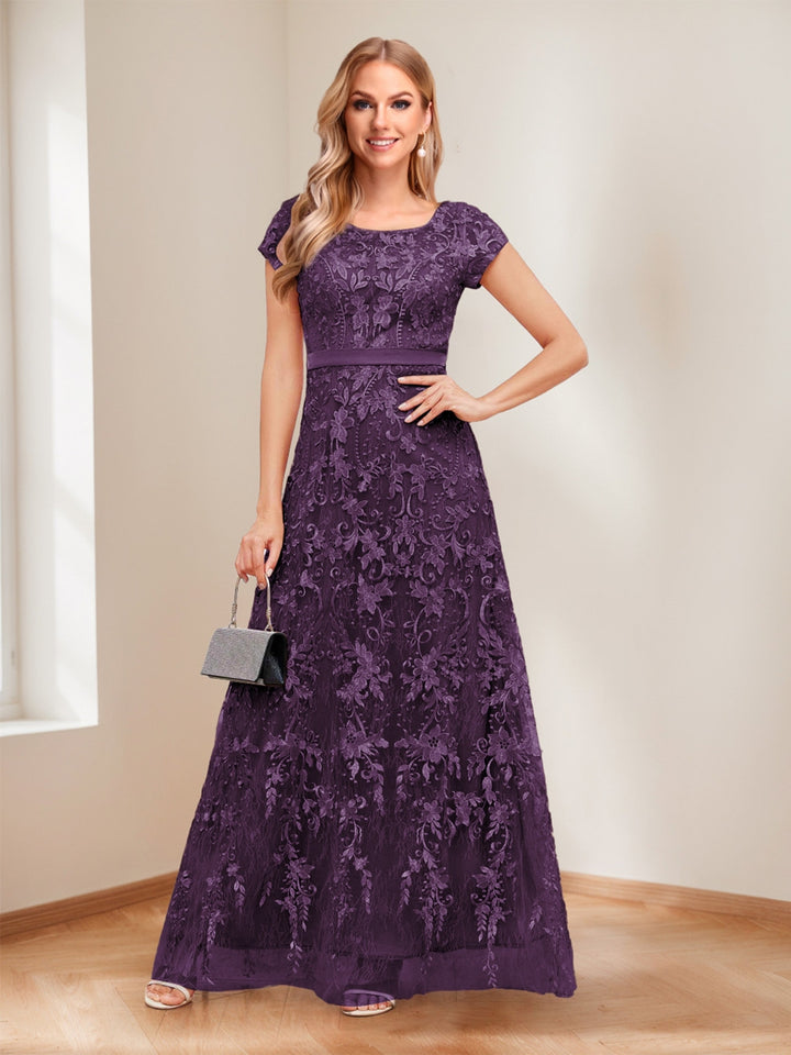 A-Line/Princess Scoop Short Sleeves Mother of the Bride Dresses with Appliques &amp; Beading