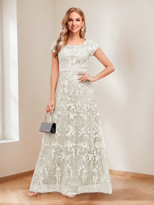 A-Line/Princess Scoop Short Sleeves Mother of the Bride Dresses with Appliques & Beading