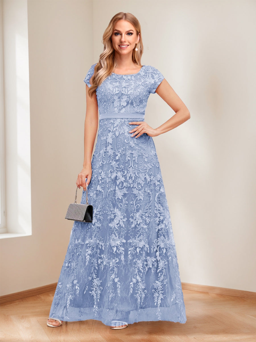 A-Line/Princess Scoop Short Sleeves Mother of the Bride Dresses with Appliques &amp; Beading