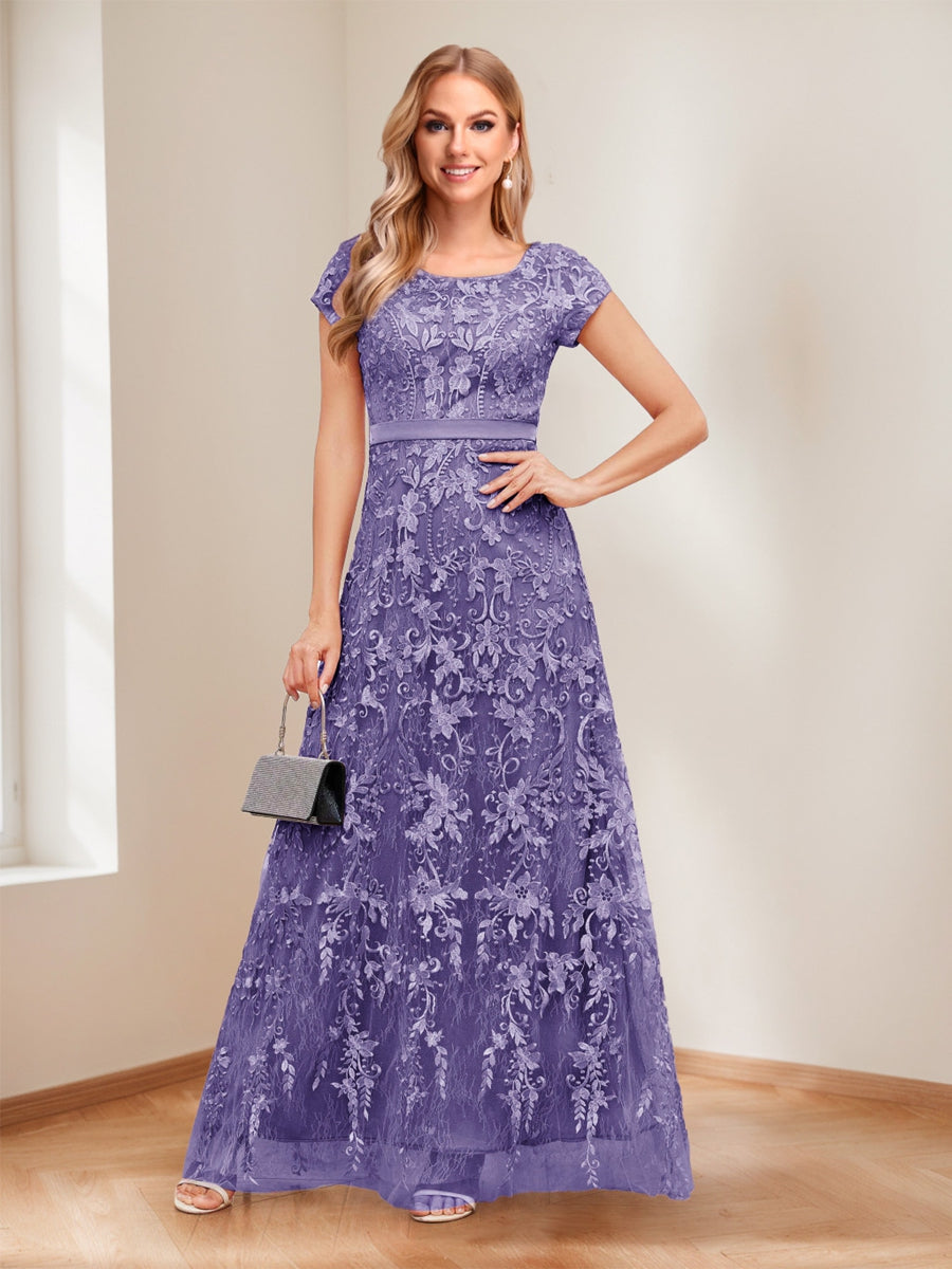 A-Line/Princess Scoop Short Sleeves Mother of the Bride Dresses with Appliques &amp; Beading