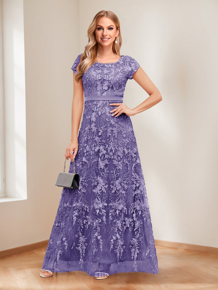 A-Line/Princess Scoop Short Sleeves Mother of the Bride Dresses with Appliques &amp; Beading