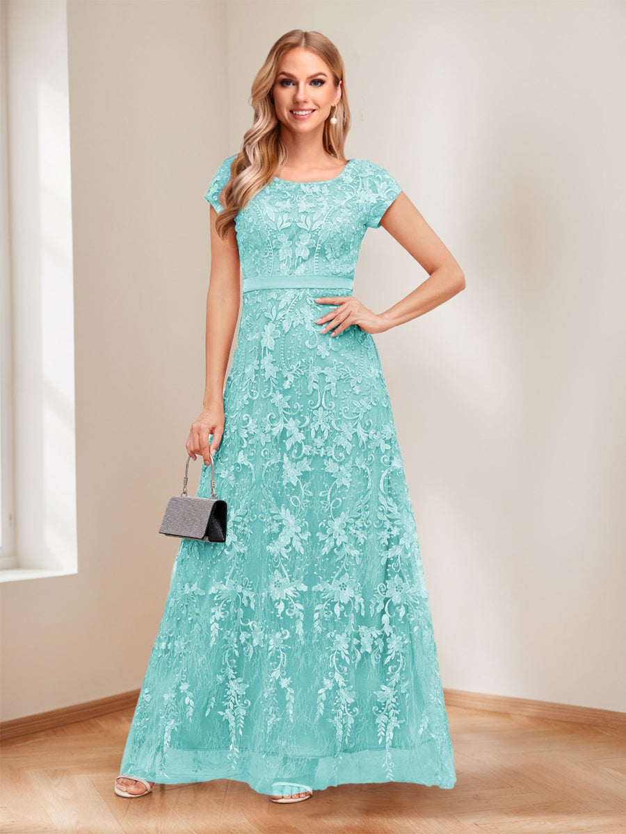 A-Line/Princess Scoop Short Sleeves Mother of the Bride Dresses with Appliques &amp; Beading