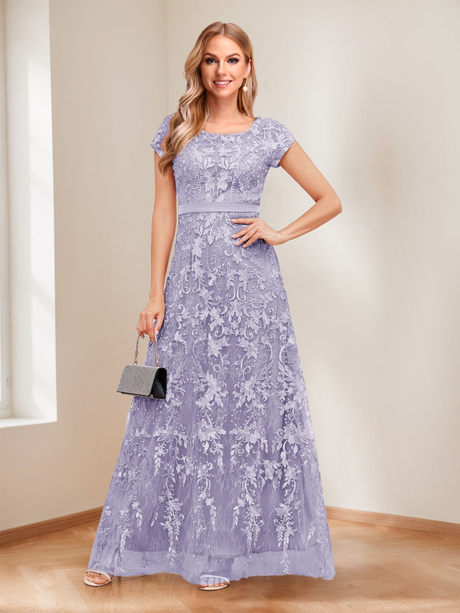 A-Line/Princess Scoop Short Sleeves Mother of the Bride Dresses with Appliques &amp; Beading
