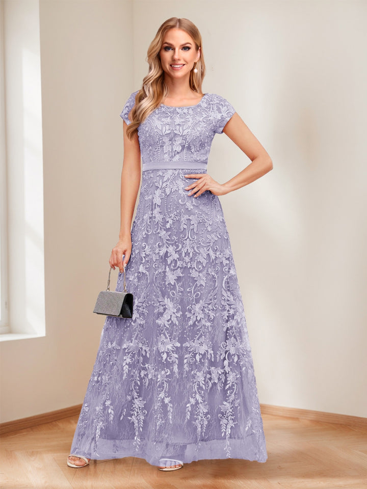 A-Line/Princess Scoop Short Sleeves Mother of the Bride Dresses with Appliques &amp; Beading