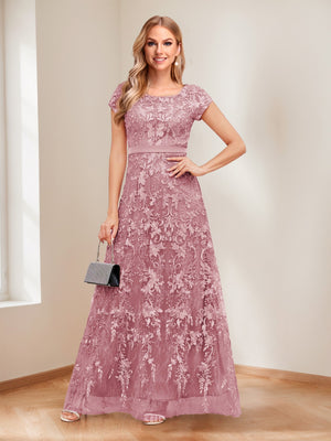 A-Line/Princess Scoop Short Sleeves Mother of the Bride Dresses with Appliques & Beading