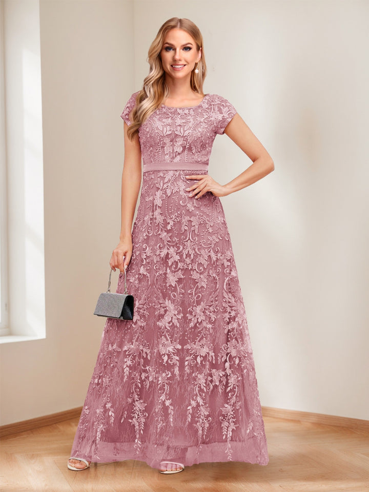 A-Line/Princess Scoop Short Sleeves Mother of the Bride Dresses with Appliques &amp; Beading