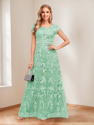 A-Line/Princess Scoop Short Sleeves Mother of the Bride Dresses with Appliques & Beading