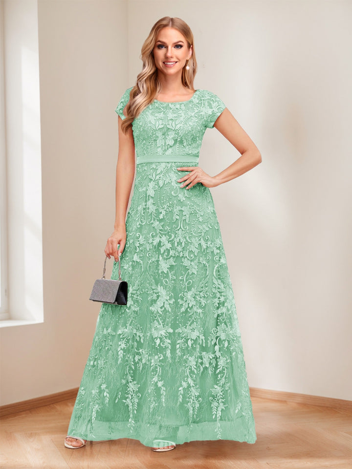 A-Line/Princess Scoop Short Sleeves Mother of the Bride Dresses with Appliques &amp; Beading