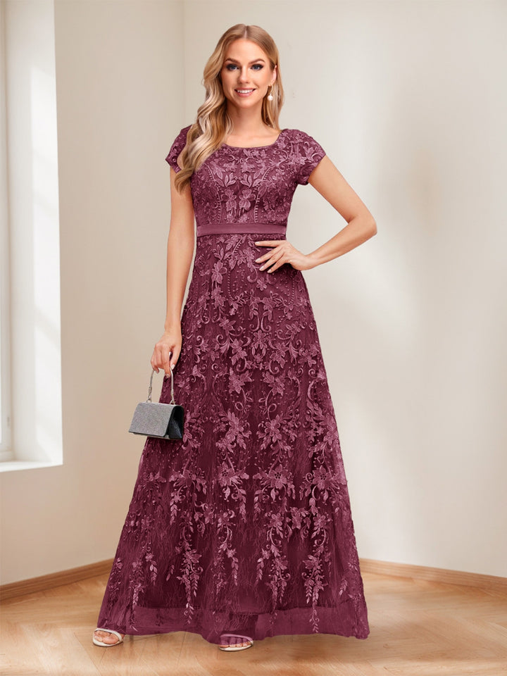 A-Line/Princess Scoop Short Sleeves Mother of the Bride Dresses with Appliques &amp; Beading