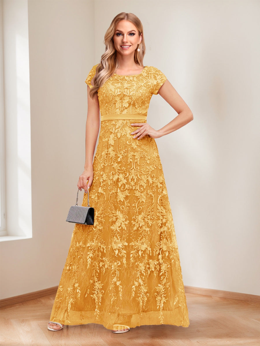 A-Line/Princess Scoop Short Sleeves Mother of the Bride Dresses with Appliques &amp; Beading