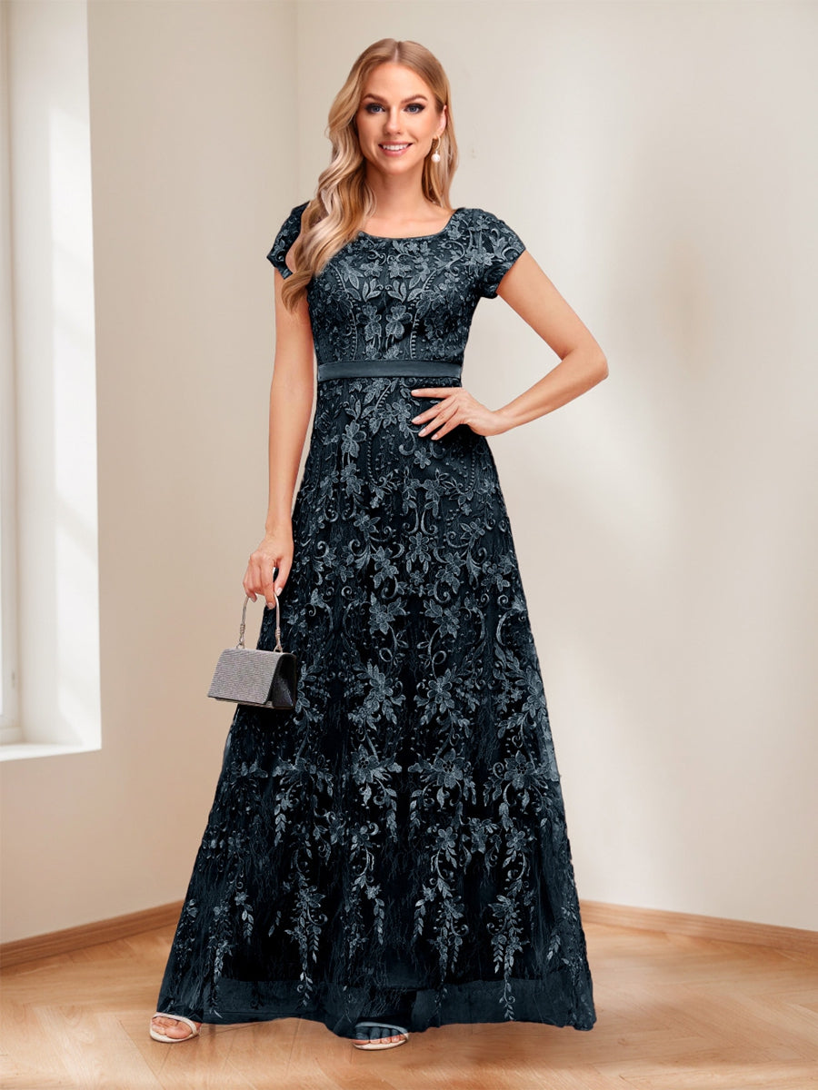 A-Line/Princess Scoop Short Sleeves Mother of the Bride Dresses with Appliques &amp; Beading