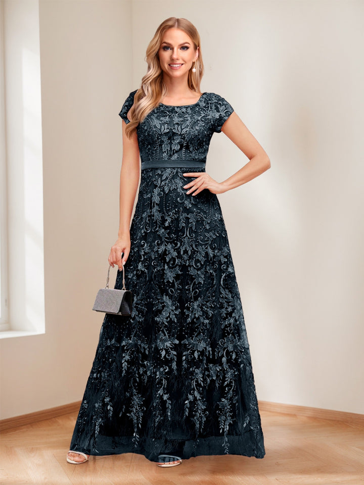 A-Line/Princess Scoop Short Sleeves Mother of the Bride Dresses with Appliques &amp; Beading