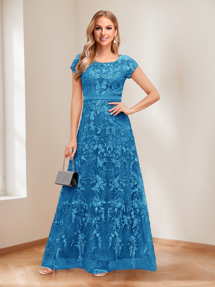 A-Line/Princess Scoop Short Sleeves Mother of the Bride Dresses with Appliques &amp; Beading