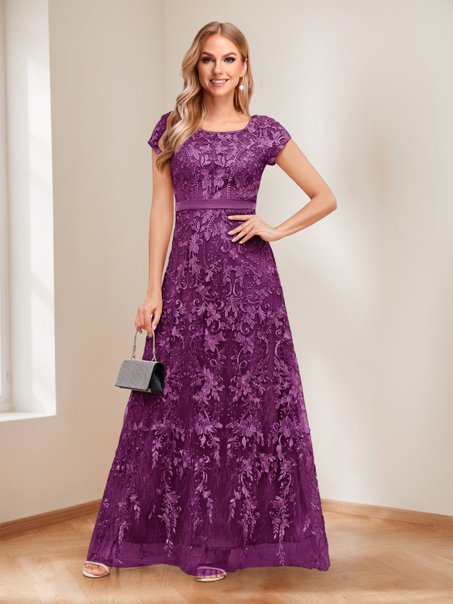A-Line/Princess Scoop Short Sleeves Mother of the Bride Dresses with Appliques &amp; Beading
