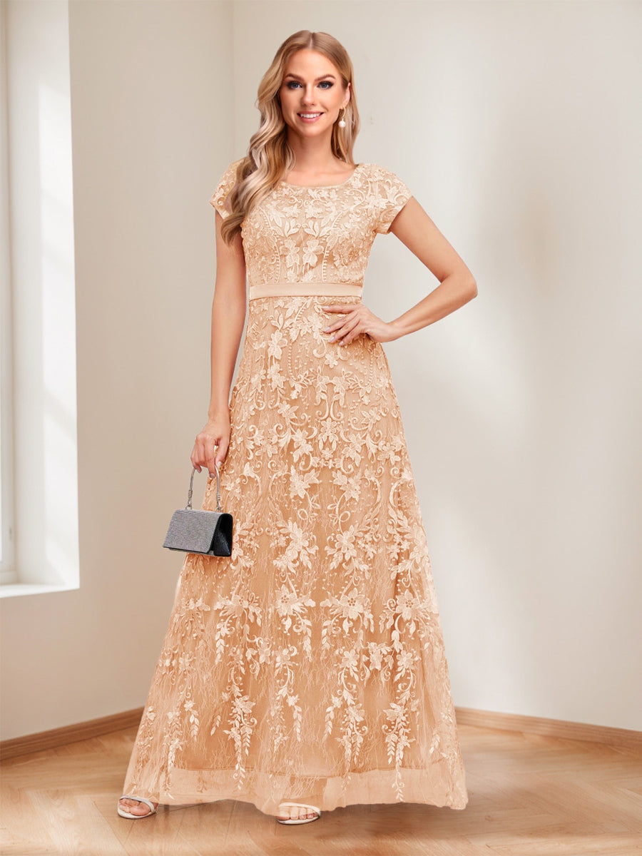A-Line/Princess Scoop Short Sleeves Mother of the Bride Dresses with Appliques &amp; Beading