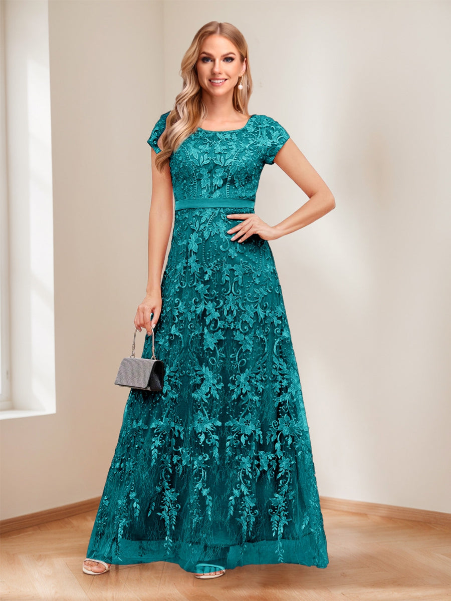 A-Line/Princess Scoop Short Sleeves Mother of the Bride Dresses with Appliques &amp; Beading