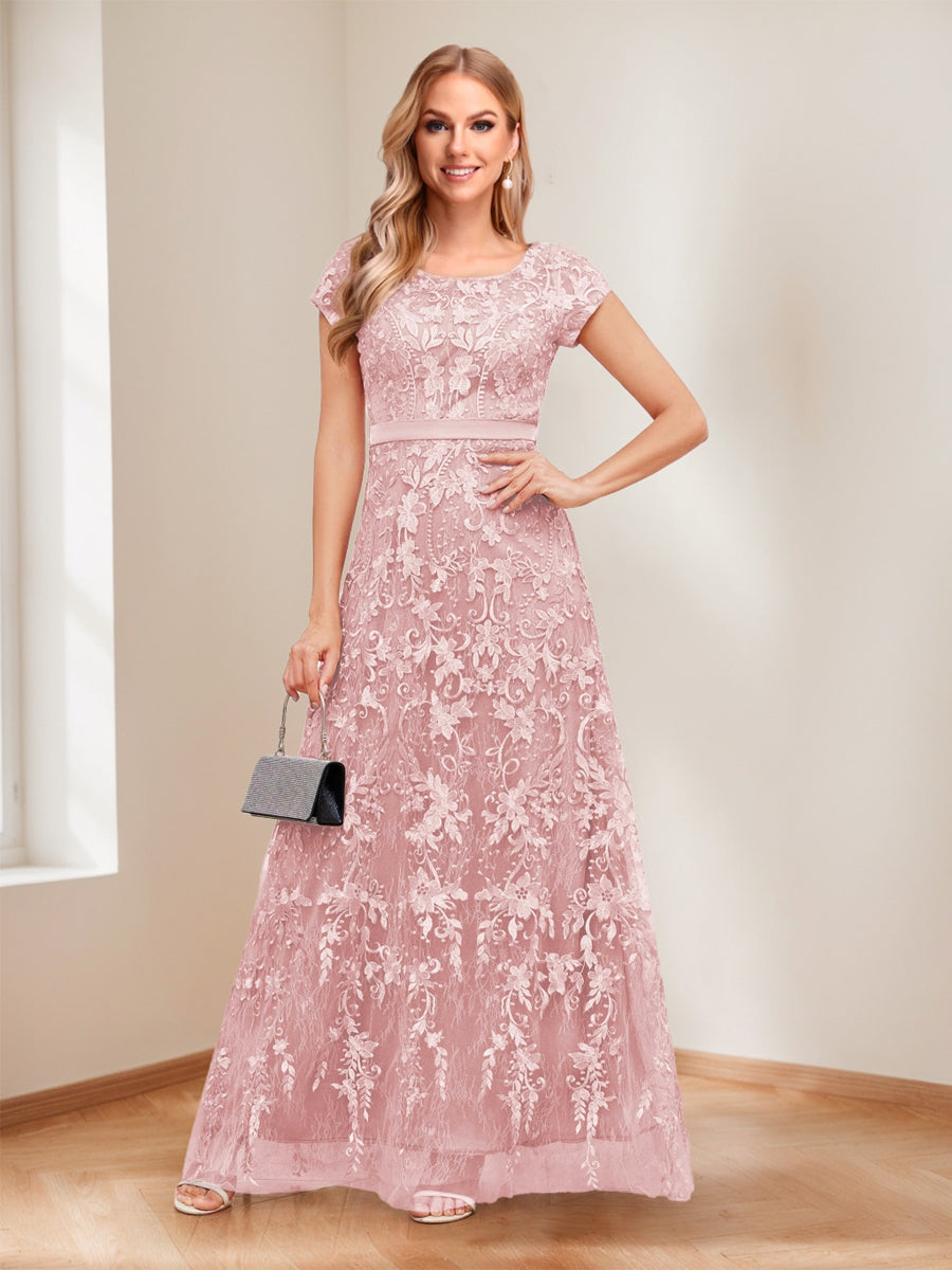 A-Line/Princess Scoop Short Sleeves Mother of the Bride Dresses with Appliques & Beading