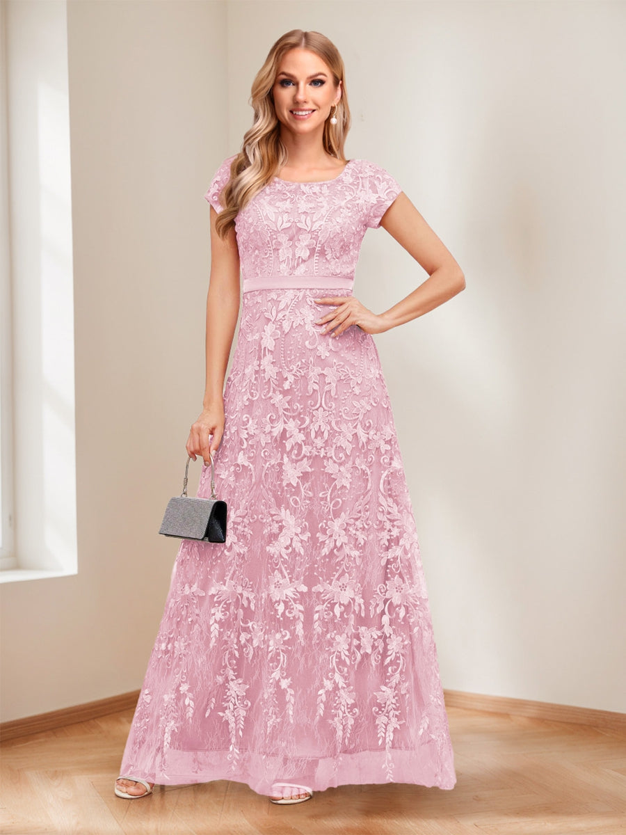 A-Line/Princess Scoop Short Sleeves Mother of the Bride Dresses with Appliques &amp; Beading