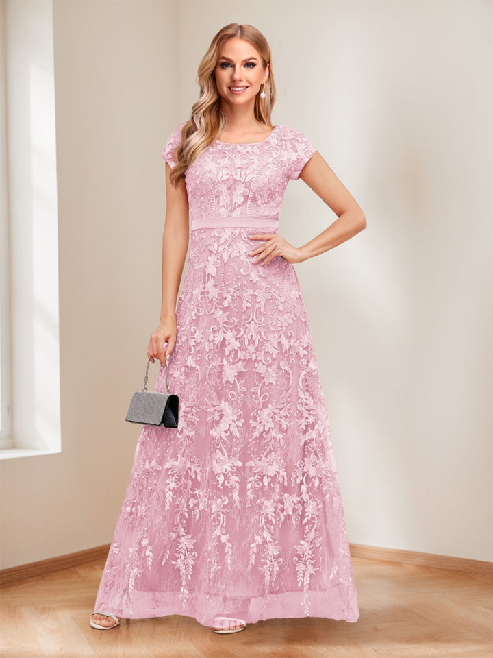 A-Line/Princess Scoop Short Sleeves Mother of the Bride Dresses with Appliques &amp; Beading