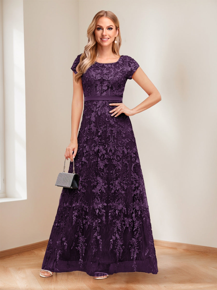 A-Line/Princess Scoop Short Sleeves Mother of the Bride Dresses with Appliques &amp; Beading