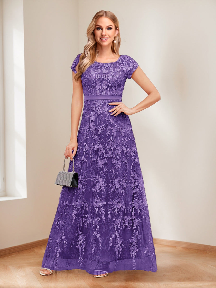 A-Line/Princess Scoop Short Sleeves Mother of the Bride Dresses with Appliques &amp; Beading