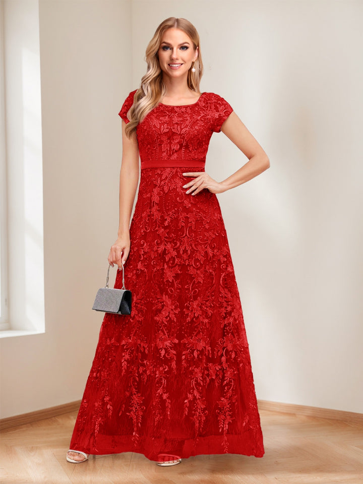 A-Line/Princess Scoop Short Sleeves Mother of the Bride Dresses with Appliques &amp; Beading