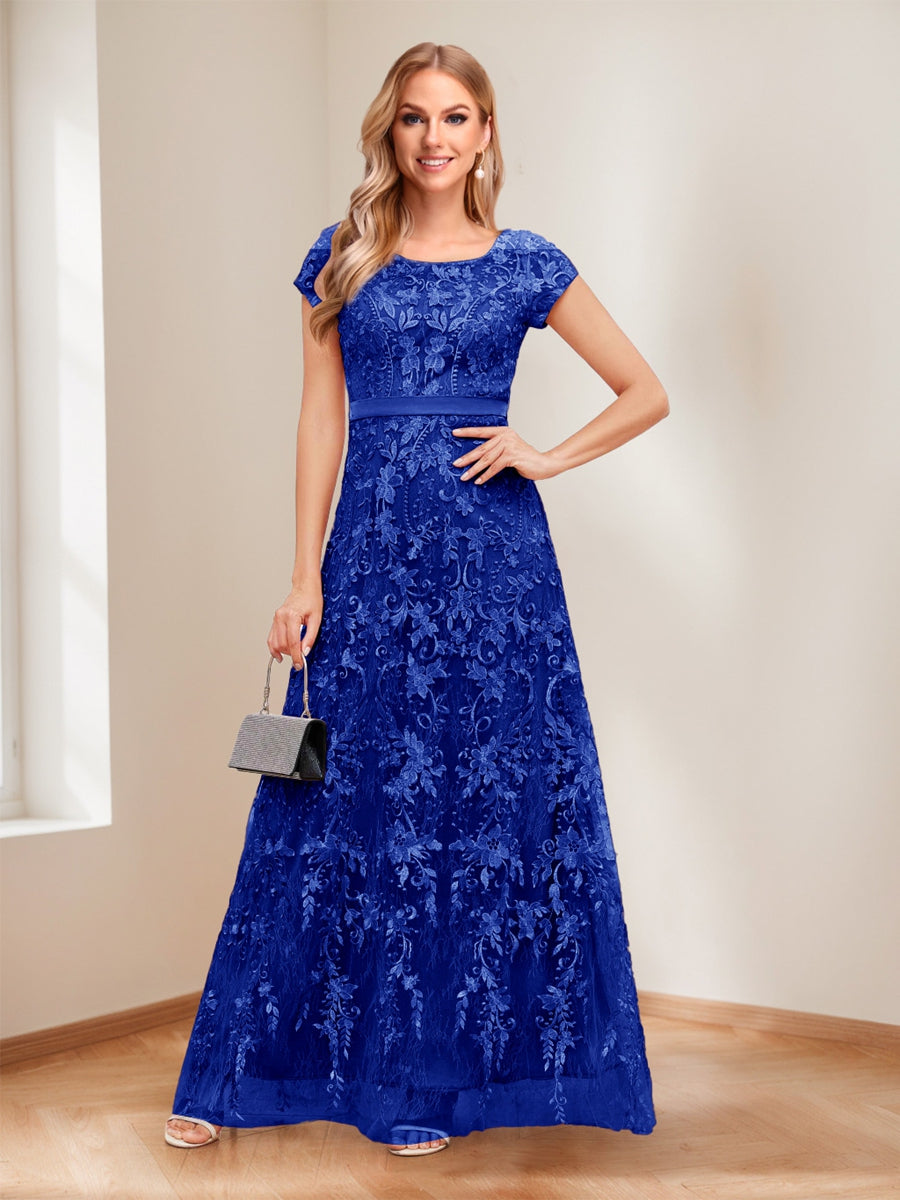 A-Line/Princess Scoop Short Sleeves Mother of the Bride Dresses with Appliques &amp; Beading