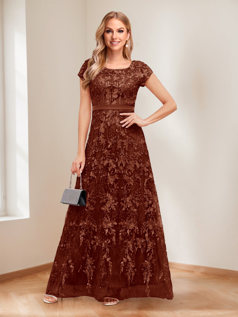 A-Line/Princess Scoop Short Sleeves Mother of the Bride Dresses with Appliques &amp; Beading