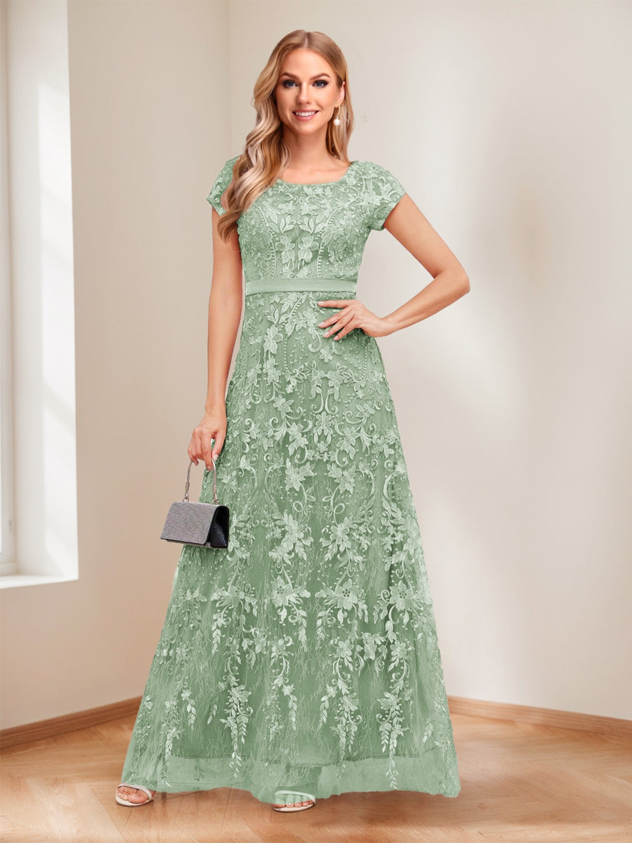 A-Line/Princess Scoop Short Sleeves Mother of the Bride Dresses with Appliques &amp; Beading